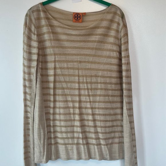 Tory Burch Sweaters - Tory Burch Linen Stripe Sweater Ivory Metallic Gold Lightweight Top, XL